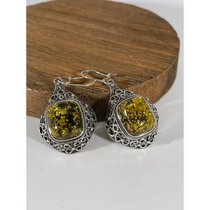A Beautiful Pair of Lemon Baltic Amber and Silver Earrings